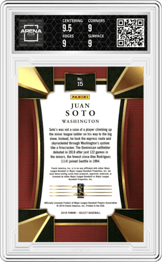 Juan Soto from the 2018 Panini Chronicles set graded by Arena Club and given an overall grade of 9.