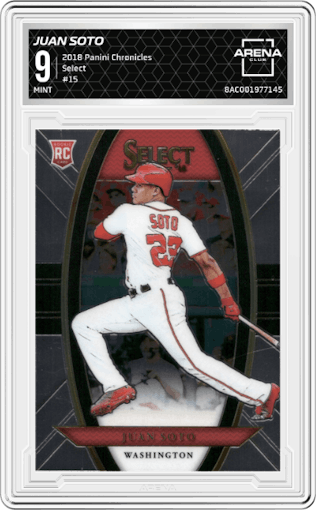 Juan Soto from the 2018 Panini Chronicles set graded by Arena Club and given an overall grade of 9.