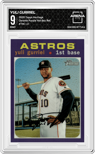 Yuli Gurriel from the 2020 Topps Heritage set featuring a Purple Hot Box Refractor parallel graded by Arena Club and given an overall grade of 9.