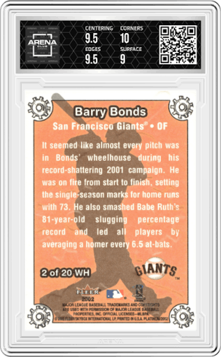 Barry Bonds from the 2002 Fleer Platinum set graded by Arena Club and given an overall grade of 9.5.