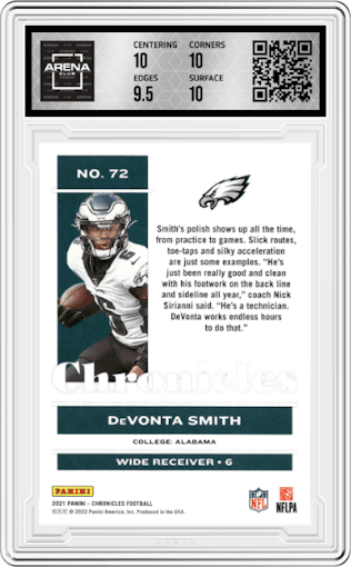 Devonta Smith from the 2021 Panini Chronicles set graded by Arena Club and given an overall grade of 10.