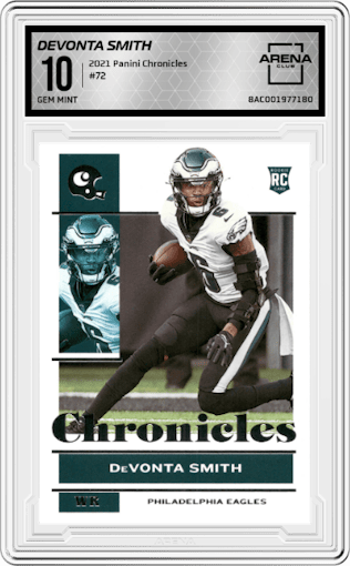 Devonta Smith from the 2021 Panini Chronicles set graded by Arena Club and given an overall grade of 10.