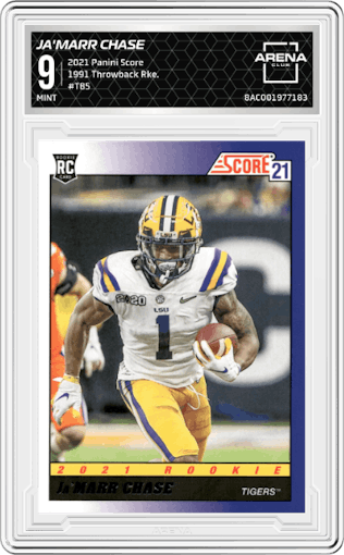 Ja'Marr Chase from the 2021 Panini Score set graded by Arena Club and given an overall grade of 9.