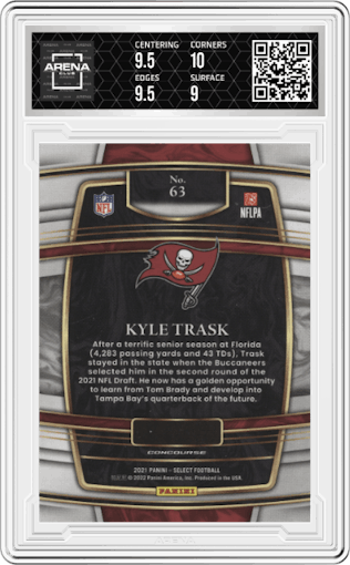 Kyle Trask from the 2021 Panini Select set graded by Arena Club and given an overall grade of 9.5.