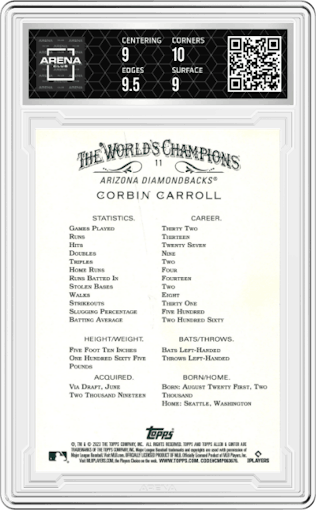 Corbin Carroll  from the 2023 Topps Allen & Ginter set graded by Arena Club and given an overall grade of 9.5.