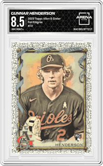 Gunnar Henderson from the 2023 Topps Allen & Ginter set featuring a Foil Filigree parallel graded by Arena Club and given an overall grade of 8.5.