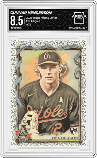 Gunnar Henderson from the 2023 Topps Allen & Ginter set featuring a Foil Filigree parallel graded by Arena Club and given an overall grade of 8.5.