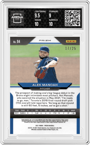 Alek Manoah from the 2021 Panini Prizm set featuring a Navy Blue Cracked Ice parallel graded by Arena Club and given an overall grade of 9.5.