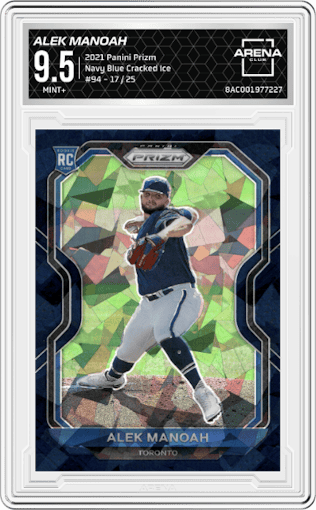 Alek Manoah from the 2021 Panini Prizm set featuring a Navy Blue Cracked Ice parallel graded by Arena Club and given an overall grade of 9.5.