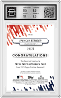 Spencer Strider from the 2023 Topps Pristine set featuring a Orange Refractor parallel graded by Arena Club and given an overall grade of 10.