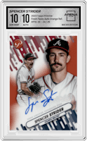 Spencer Strider from the 2023 Topps Pristine set featuring a Orange Refractor parallel graded by Arena Club and given an overall grade of 10.