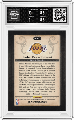 Kobe Bryant  from the 2012-13 Panini Kobe Anthology  set graded by Arena Club and given an overall grade of 9.