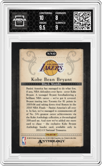 Kobe Bryant  from the 2012-13 Panini Kobe Anthology  set graded by Arena Club and given an overall grade of 8.5.