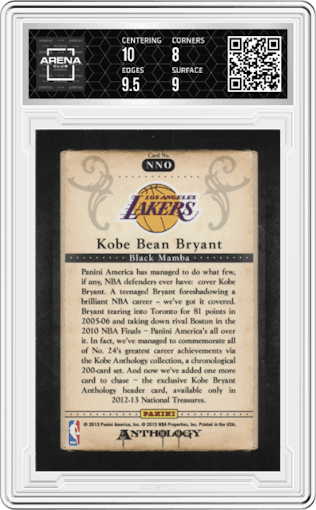 Kobe Bryant  from the 2012-13 Panini Kobe Anthology  set graded by Arena Club and given an overall grade of 8.5.