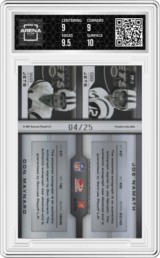 Joe Namath/Don Maynard from the 2007 Leaf Limited set graded by Arena Club and given an overall grade of 9.5.