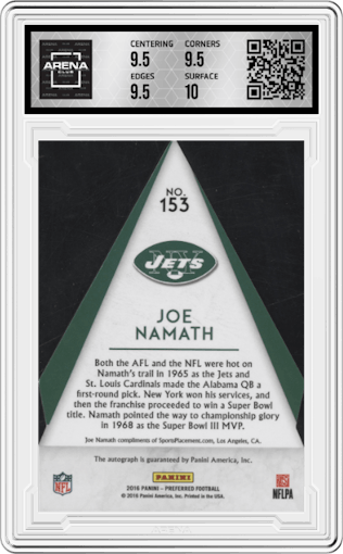 Joe Namath from the 2016 Panini Preferred set graded by Arena Club and given an overall grade of 10.