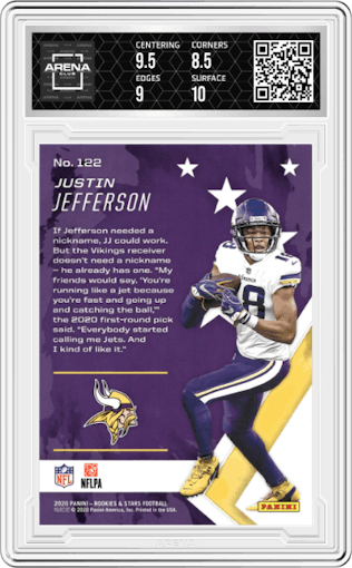 Justin Jefferson from the 2020 Panini Rookies & Stars set featuring a Green parallel graded by Arena Club and given an overall grade of 9.