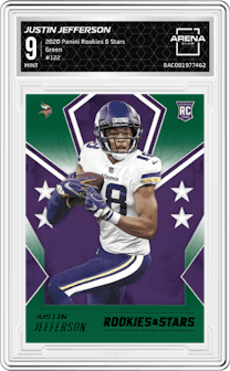 Justin Jefferson from the 2020 Panini Rookies & Stars set featuring a Green parallel graded by Arena Club and given an overall grade of 9.