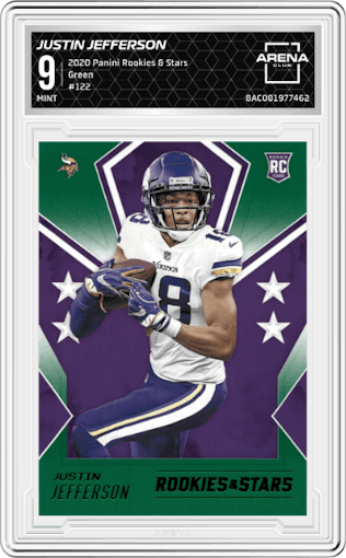 Justin Jefferson from the 2020 Panini Rookies & Stars set featuring a Green parallel graded by Arena Club and given an overall grade of 9.