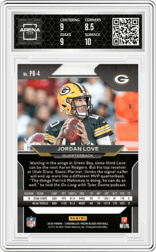 Jordan Love from the 2020 Panini Chronicles set graded by Arena Club and given an overall grade of 9.