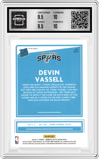 Devin Vassell from the 2020-21 Panini Donruss Optic set featuring a Hyper Pink parallel graded by Arena Club and given an overall grade of 10.