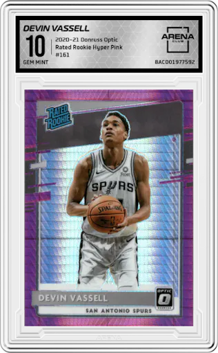 Devin Vassell from the 2020-21 Panini Donruss Optic set featuring a Hyper Pink parallel graded by Arena Club and given an overall grade of 10.