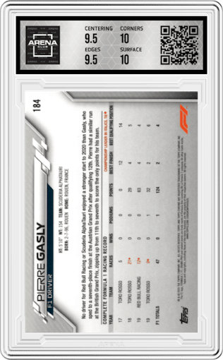 Pierre Gasly from the 2020 Topps Chrome F1  set featuring a 70th Anniversary Gold parallel graded by Arena Club and given an overall grade of 10.