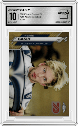Pierre Gasly from the 2020 Topps Chrome F1  set featuring a 70th Anniversary Gold parallel graded by Arena Club and given an overall grade of 10.
