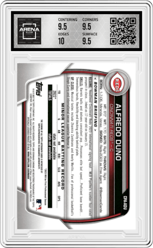 Alfredo Duno from the 2023 Bowman Chrome set featuring a Speckle Refractor parallel graded by Arena Club and given an overall grade of 10.