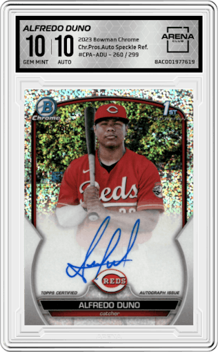 Alfredo Duno from the 2023 Bowman Chrome set featuring a Speckle Refractor parallel graded by Arena Club and given an overall grade of 10.