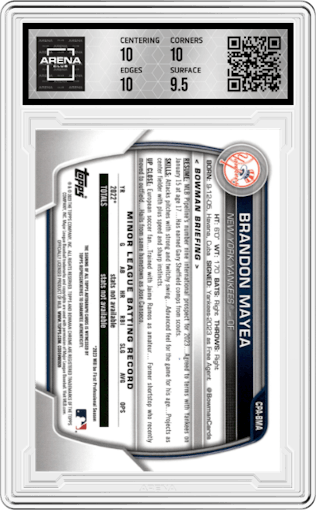 Brandon Mayea from the 2023 Bowman Chrome set graded by Arena Club and given an overall grade of 10.