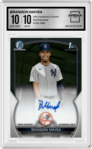 Brandon Mayea from the 2023 Bowman Chrome set graded by Arena Club and given an overall grade of 10.