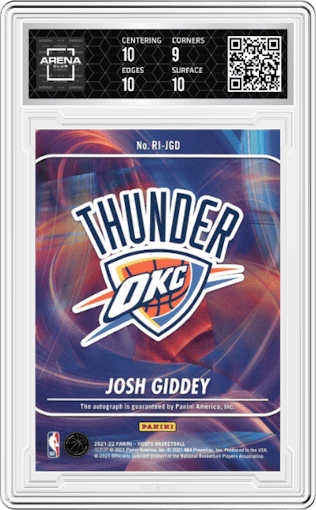Josh Giddey from the 2021-22 Panini NBA Hoops set graded by Arena Club and given an overall grade of 9.5.