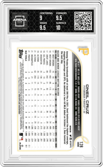 Oneil Cruz from the 2022 Topps Chrome set featuring a Refractor parallel graded by Arena Club and given an overall grade of 9.5.