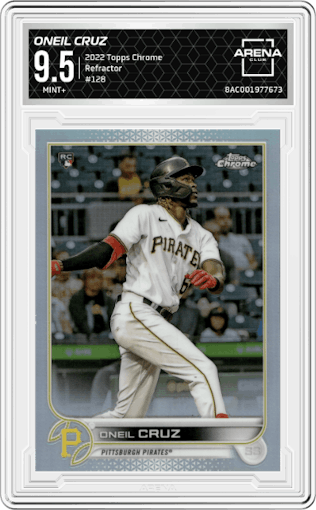 Oneil Cruz from the 2022 Topps Chrome set featuring a Refractor parallel graded by Arena Club and given an overall grade of 9.5.