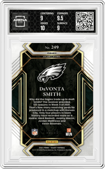 DeVonta Smith  from the 2021 Panini Select set featuring a Dragon Scale parallel graded by Arena Club and given an overall grade of 9.5.
