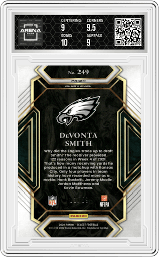 DeVonta Smith  from the 2021 Panini Select set featuring a Dragon Scale parallel graded by Arena Club and given an overall grade of 9.5.