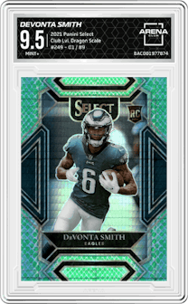 DeVonta Smith  from the 2021 Panini Select set featuring a Dragon Scale parallel graded by Arena Club and given an overall grade of 9.5.