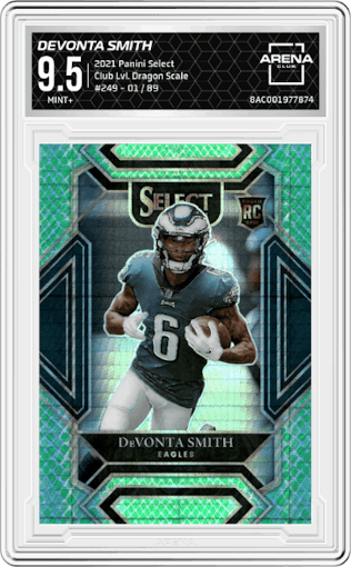 DeVonta Smith  from the 2021 Panini Select set featuring a Dragon Scale parallel graded by Arena Club and given an overall grade of 9.5.