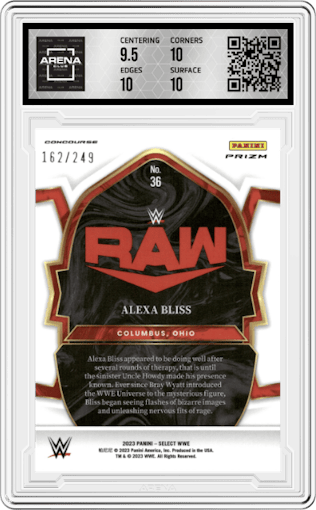 Alexa Bliss from the 2023 Panini Select WWE set featuring a Light Blue parallel graded by Arena Club and given an overall grade of 10.