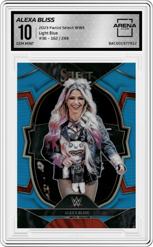 Alexa Bliss from the 2023 Panini Select WWE set featuring a Light Blue parallel graded by Arena Club and given an overall grade of 10.