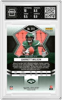 Garrett Wilson from the 2022 Panini Mosaic set featuring a Mosaic parallel graded by Arena Club and given an overall grade of 9.