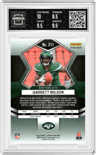Garrett Wilson from the 2022 Panini Mosaic set featuring a Mosaic parallel graded by Arena Club and given an overall grade of 9.