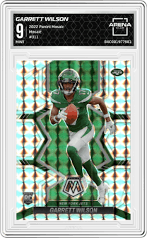 Garrett Wilson from the 2022 Panini Mosaic set featuring a Mosaic parallel graded by Arena Club and given an overall grade of 9.