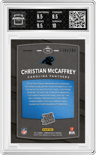 Christian McCaffrey from the 2017 Panini Donruss Optic set featuring a Aqua parallel graded by Arena Club and given an overall grade of 9.