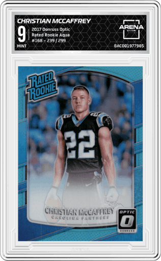 Christian McCaffrey from the 2017 Panini Donruss Optic set featuring a Aqua parallel graded by Arena Club and given an overall grade of 9.
