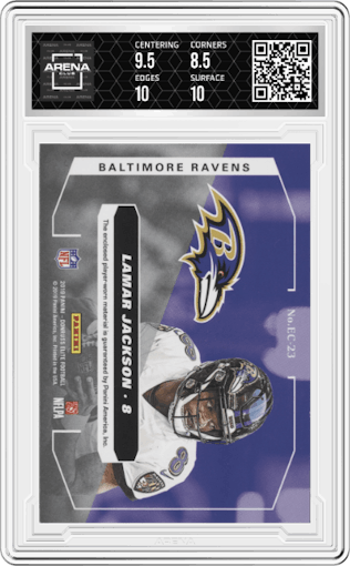 Lamar Jackson from the 2019 Panini Donruss Elite set graded by Arena Club and given an overall grade of 9.