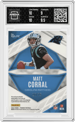 Matt Corral from the 2022 Panini Phoenix set featuring a Blue Prime parallel graded by Arena Club and given an overall grade of 9.5.