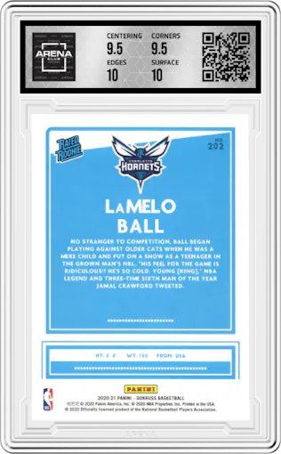 Lamelo Ball from the 2020-21 Panini Donruss set featuring a Orange Laser parallel graded by Arena Club and given an overall grade of 10.