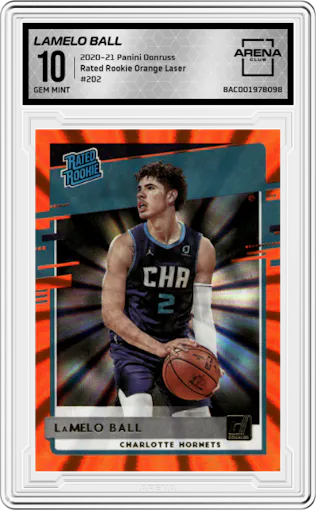 Lamelo Ball from the 2020-21 Panini Donruss set featuring a Orange Laser parallel graded by Arena Club and given an overall grade of 10.